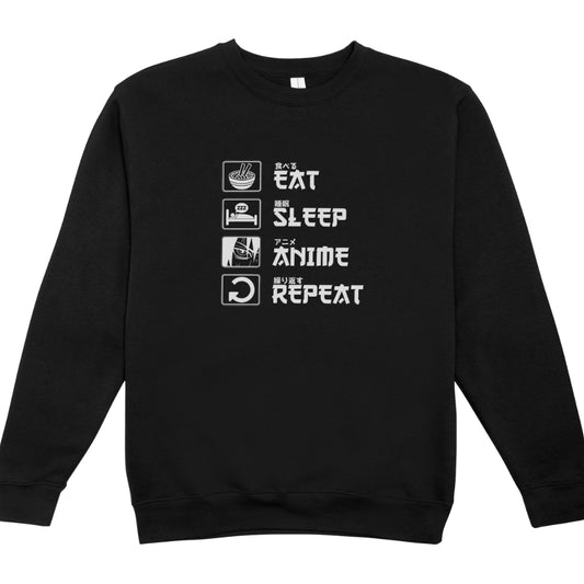 Naruto - Eat Sleep Anime Repeat Unisex Black Crew Neck Pullover Sweater