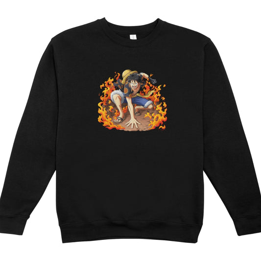 One Piece Fire Ground Luffy Big Unisex Black Crew Neck Pullover Sweater